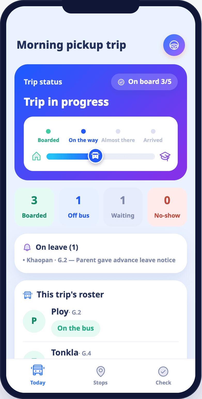 Driver app showing trip status and the student roster