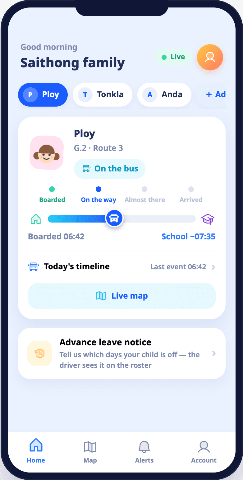 Parent app showing a child on the bus and the estimated arrival at school