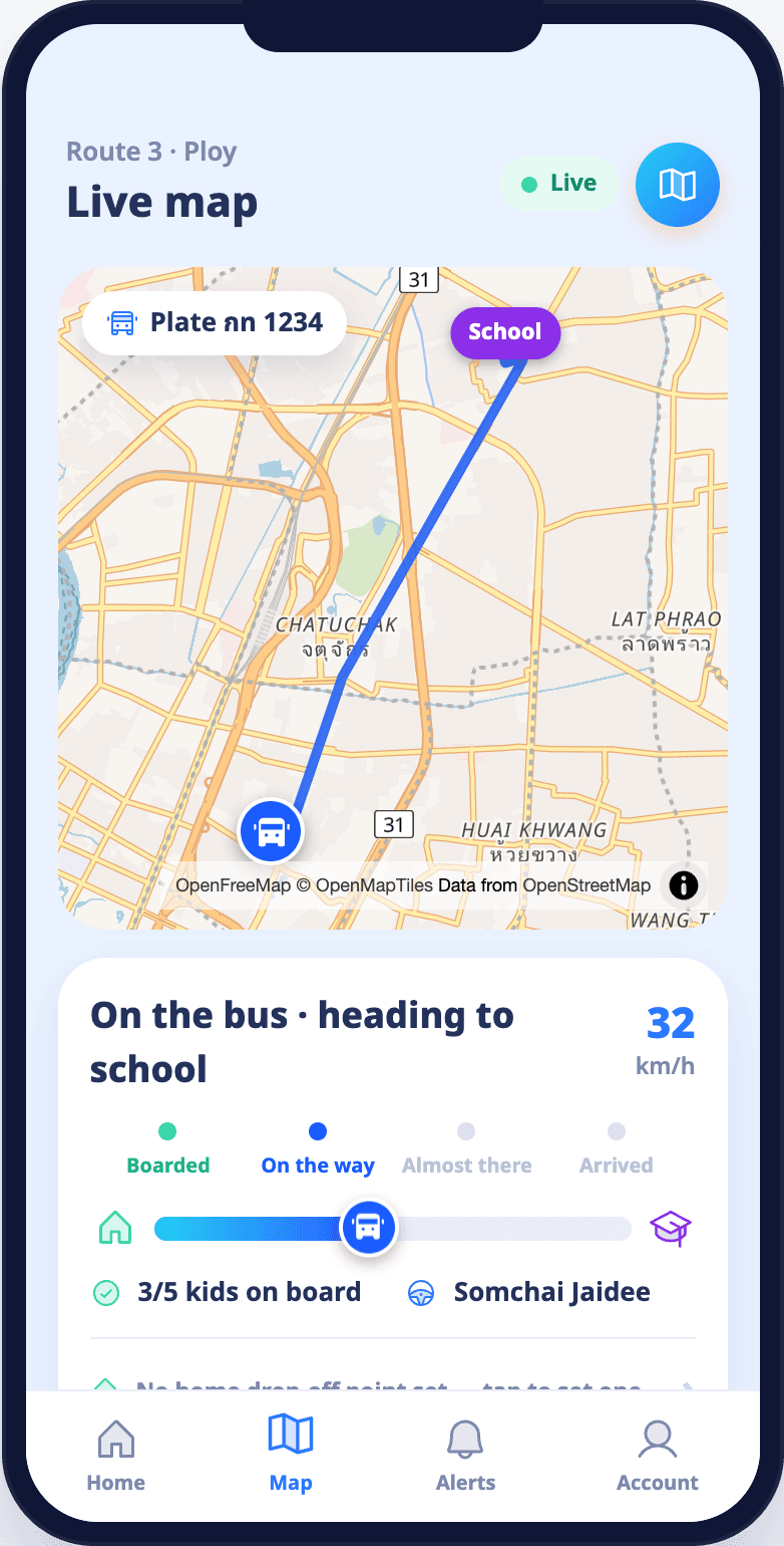 Parent app showing the bus on a live map and that the child is on board